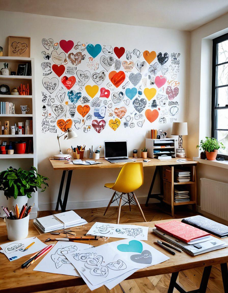 A warm and inviting workspace filled with colorful design tools, sketches of unique heart-shaped logos, and vibrant fabrics. A designer passionately creating, surrounded by sketches of affectionate designs and soft lighting that evokes warmth and creativity. Include elements like coffee cups and inspirational quotes on the walls. super-realistic. vibrant colors. serene atmosphere.