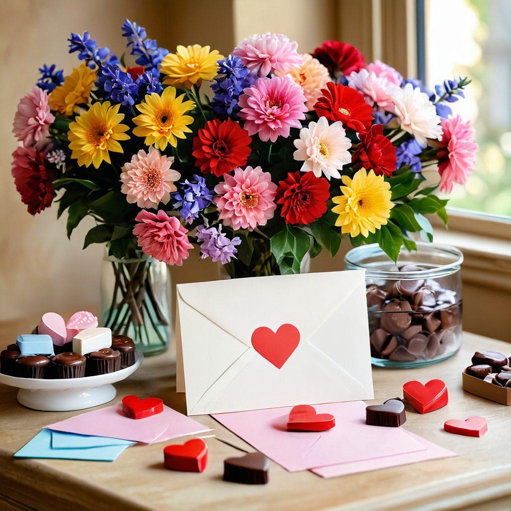 A beautifully arranged still life of love letters, heart-shaped chocolates, and vibrant flowers, set against a soft, warm background. Include an artist's easel with a romantic painting in progress, symbolizing creativity in love. Delicate brush strokes and pastel colors to evoke feelings of affection and warmth. super-realistic. soft focus. warm color palette.