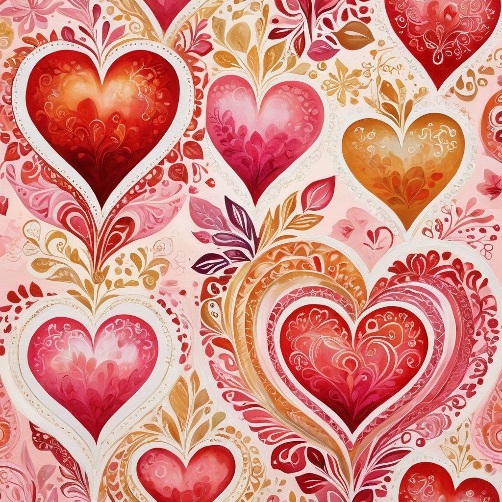 A stunning collage of vibrant, hand-painted hearts interspersed with intricate floral patterns symbolizing adoration. Include soft, warm colors that evoke feelings of love and beauty, such as pinks, reds, and golds. Integrate abstract elements that blend seamlessly with realistic textures, emphasizing the transition from sentiments to art. The background should be dreamy and blurred to enhance focus on the heart motifs. painting. vibrant colors.